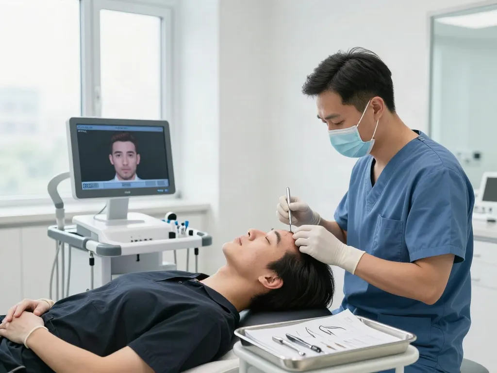 Hair transplant procedure showcasing SMART™ FUE technique in a modern clinic with a skilled surgeon.