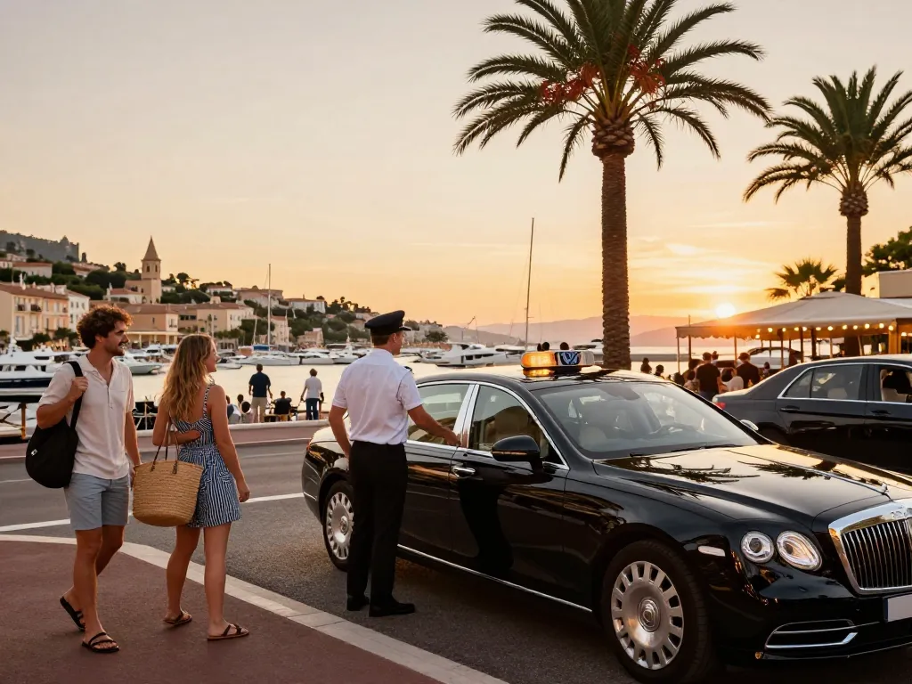 Taxi St Tropez avec un véhicule de luxe et des passagers heureux au coucher du soleil le long de la Côte d'Azur.