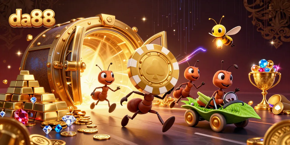 da88 ants carrying a giant poker chip in a vibrant casino heist illustration filled with treasures.