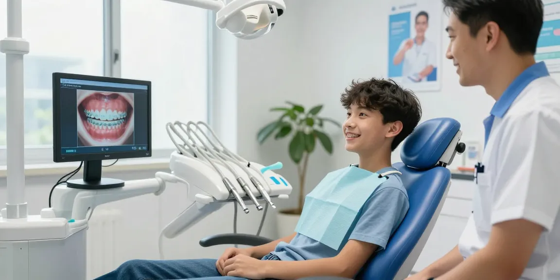 Teen smiling with lingual braces in a friendly orthodontic clinic setting