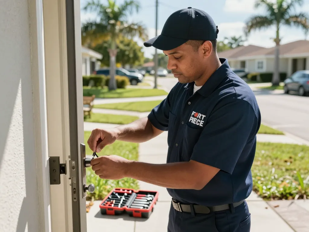 Locksmith Fort Pierce FL providing professional service on a residential door lock in a sunny neighborhood.