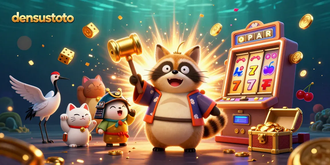 Densustoto menghadirkan gambar ilustrasi menarik dengan tanuki bahagia dan elemen permainan yang menarik, menunjukkan suasana kasino online.