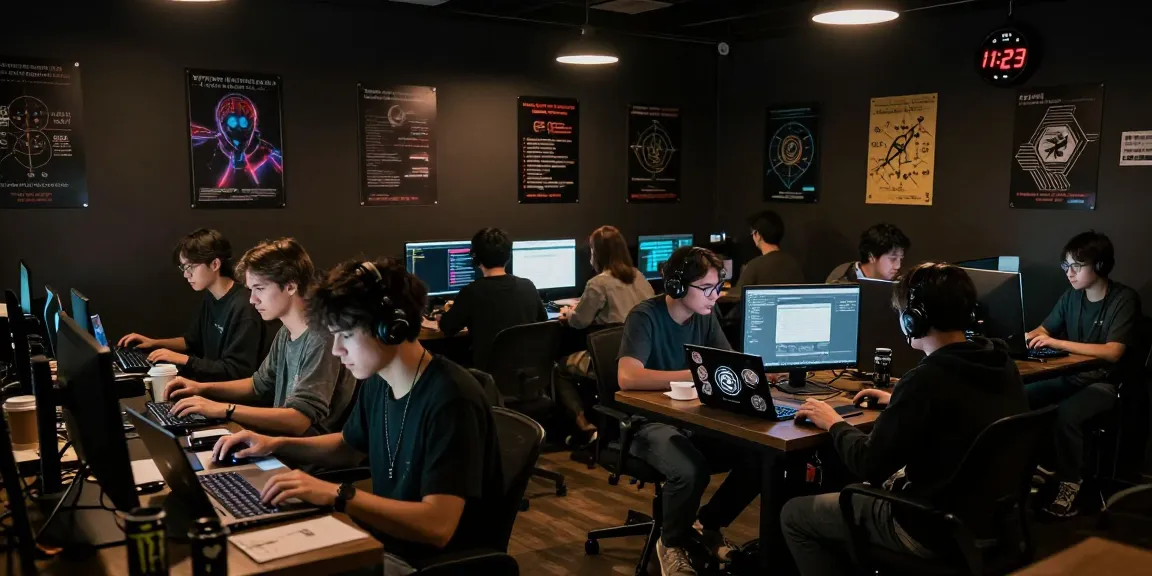 Best Darknet Markets 2026 scene showcasing individuals in a dark web cafe, focused on computers and privacy themes.