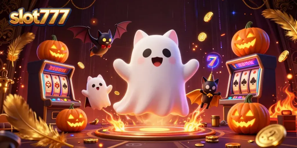 Memenangkan jackpot di slot777 dengan karakter unik, hantu kucing dan vampir dalam kasino yang penuh koin.