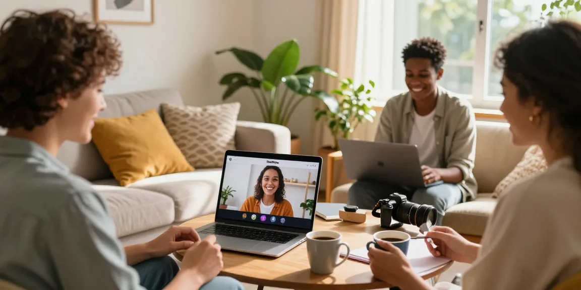 Singles using HundRoses app during a warm video call in a cozy setting.
