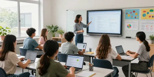 Students using ai for school tools in an interactive classroom setting, enhancing personalized learning.