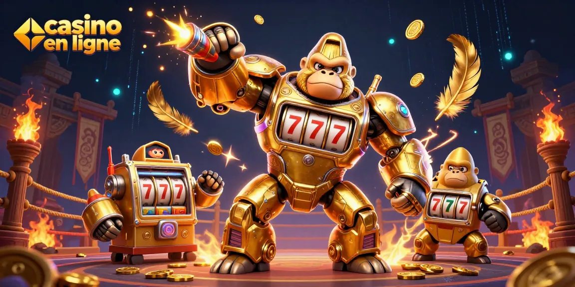Jouez au casino en ligne avec un gorille mécanique doré et des éléments de jeu dynamiques.