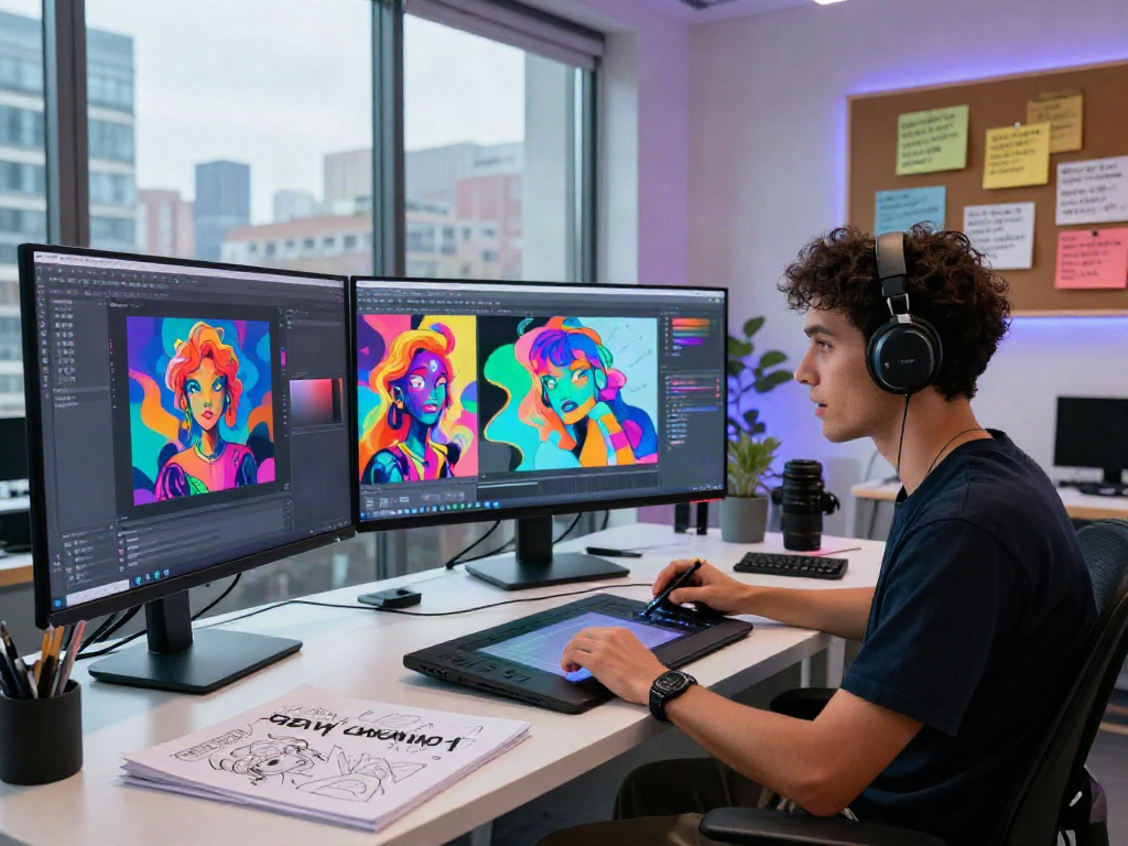 Create stunning artwork using nsfw ai in a modern digital studio, showcasing an artist with screens displaying vibrant AI-generated art.