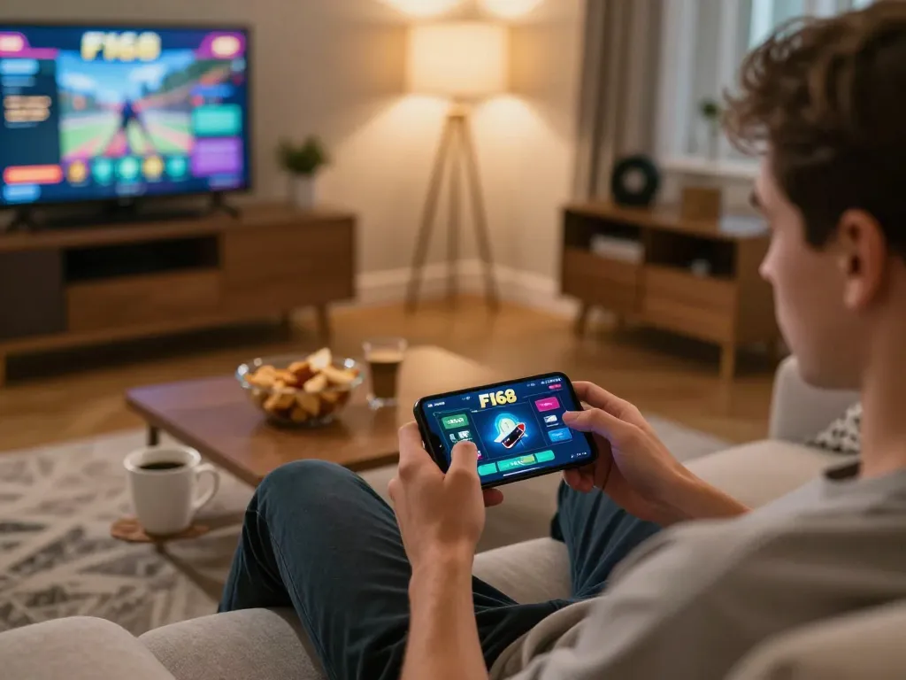 Gambling on F168 app on smartphone while enjoying a cozy home environment during a lively gaming session.