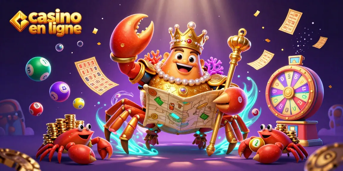 Découvrez l'univers du casino en ligne avec le crabe empereur et ses serviteurs chargés de jetons d'or.