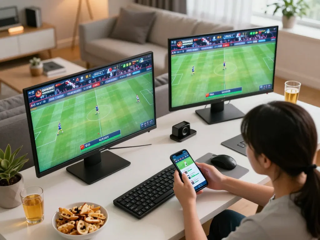 Engaging sports betting action at home with Vmax ok, showing dynamic screens and enthusiastic player