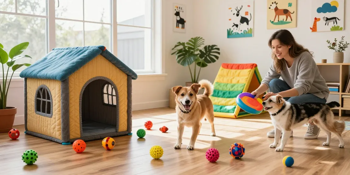 Playful scene of a dog enjoying colorful toys in the NAGA2000 pet playhouse