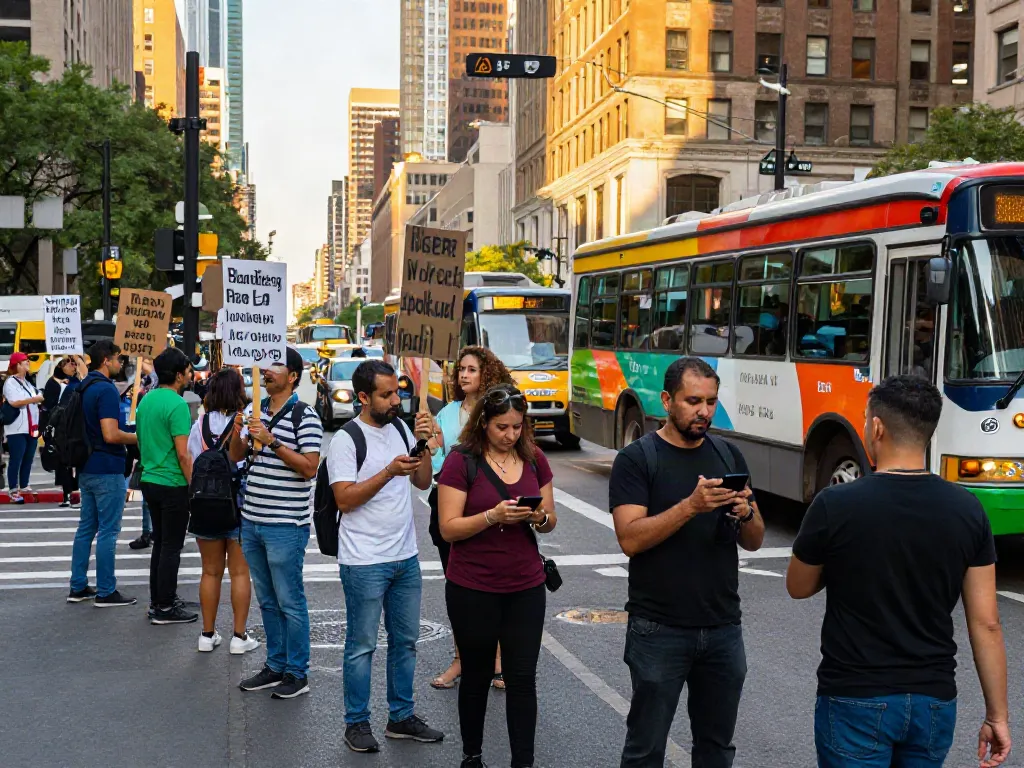 Public strikes gathering in an urban intersection, with diverse individuals advocating for workers' rights, amidst colorful buses.