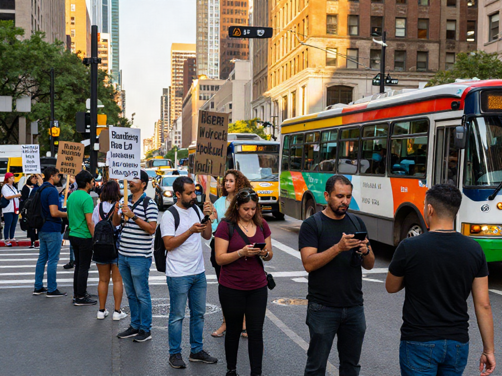 Public strikes gathering in an urban intersection, with diverse individuals advocating for workers' rights, amidst colorful buses.
