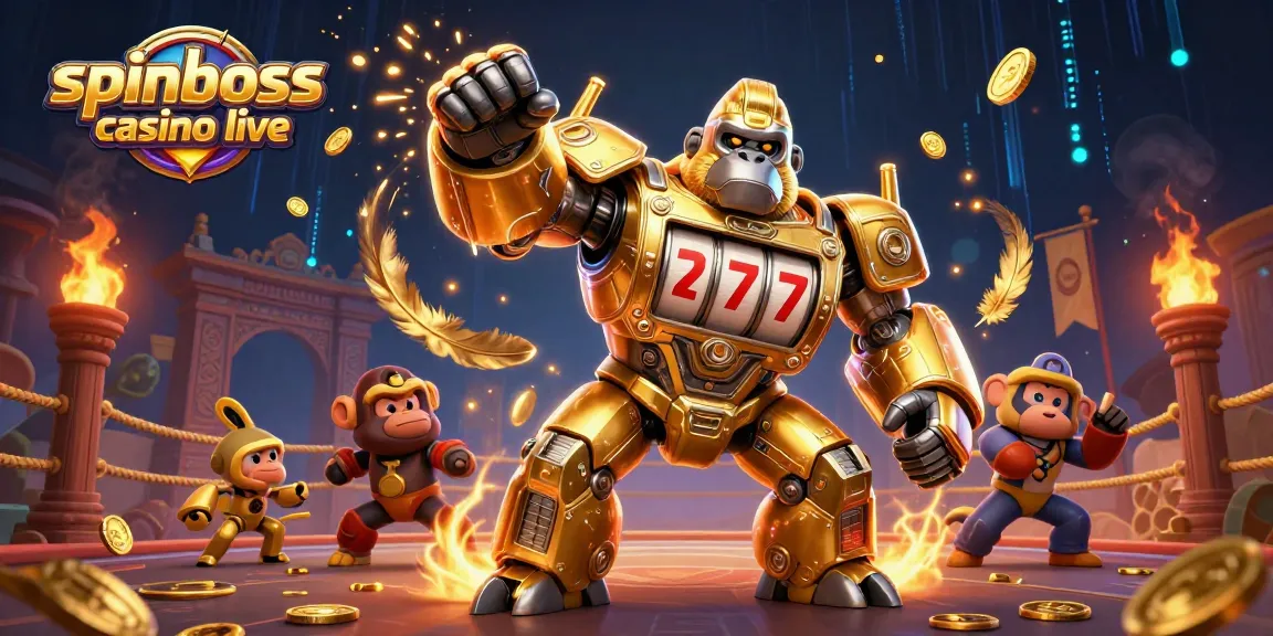 Plonger dans l'action avec spinboss casino live : impressionnante illustration d'un gorille mech en or au milieu de jeux de casino.
