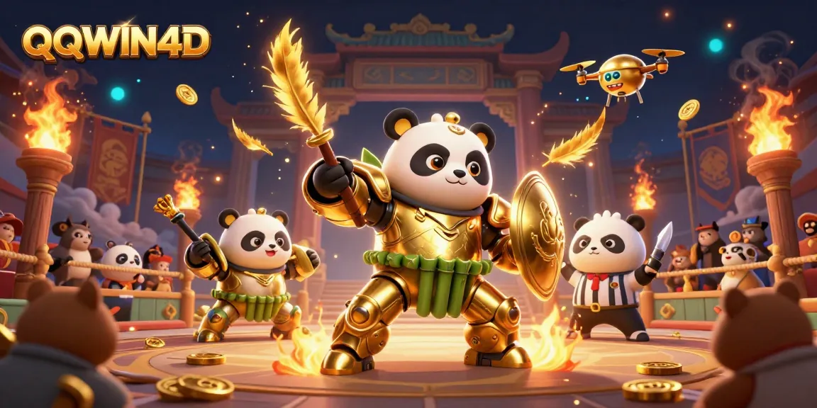 Menangkan permainan QQWIN4D dengan karakter panda emas dan robot bertarung di arena.