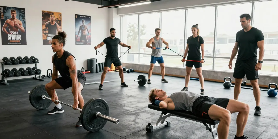 Akra Labs Steroid Shop: Fitnessathleten in modernem Studio beim Krafttraining mit Gewichten und Widerstandsbändern, motivierende Stimmung