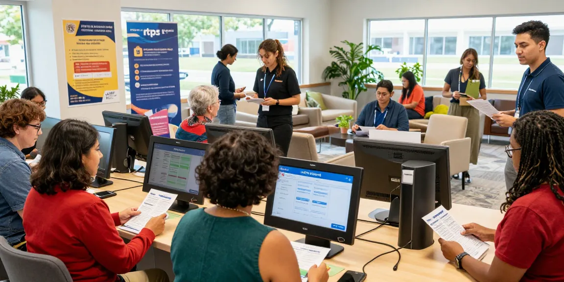 Citizens engaging with the rtps 4 platform for public services at a community center, displaying inclusivity and accessibility in public services.