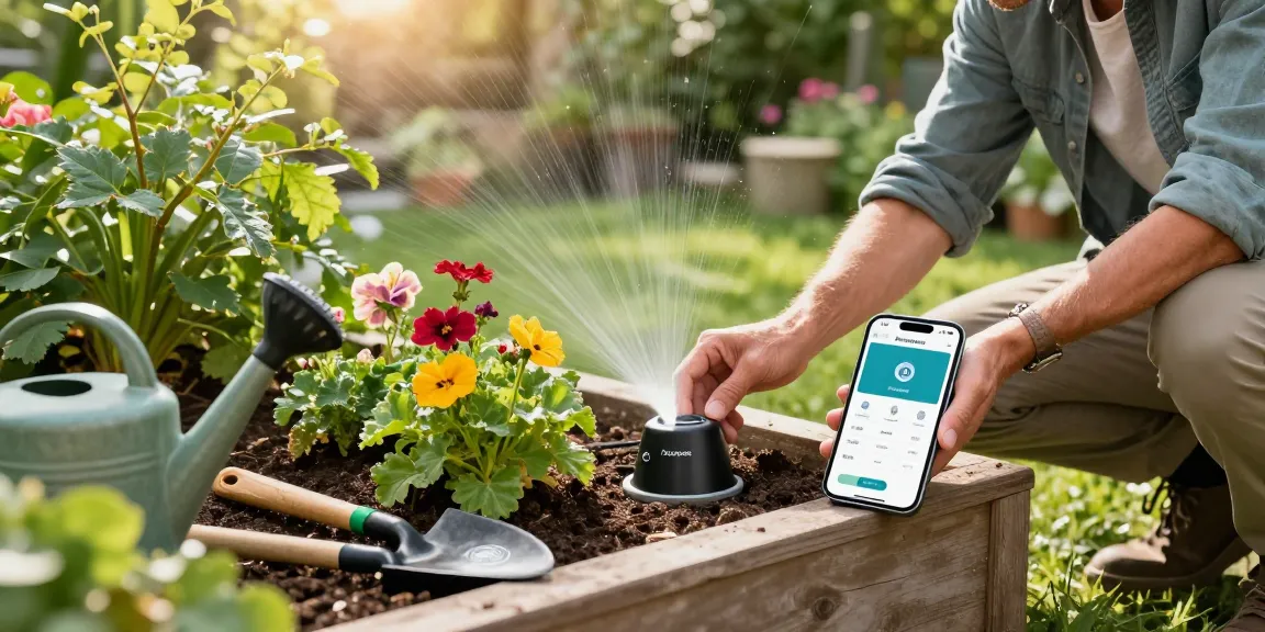 Gardeners using the rainpoint smart sprinkler controller in a sunny backyard setting with vibrant plants.
