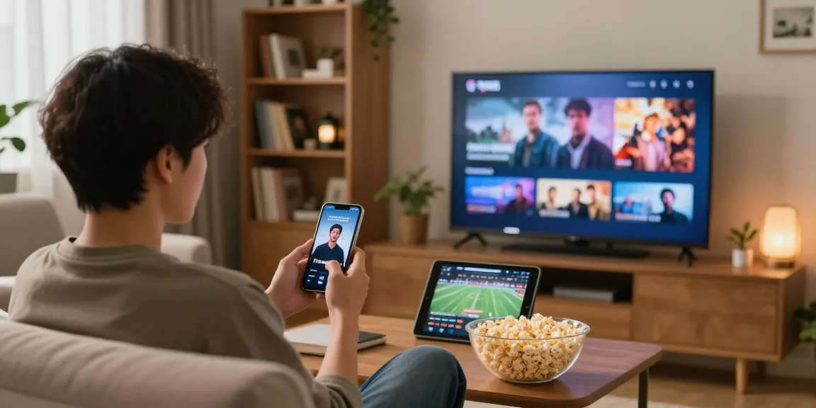 Test IPTV 24h avec un utilisateur regardant des films sur un téléviseur connecté, ambiance chaleureuse.