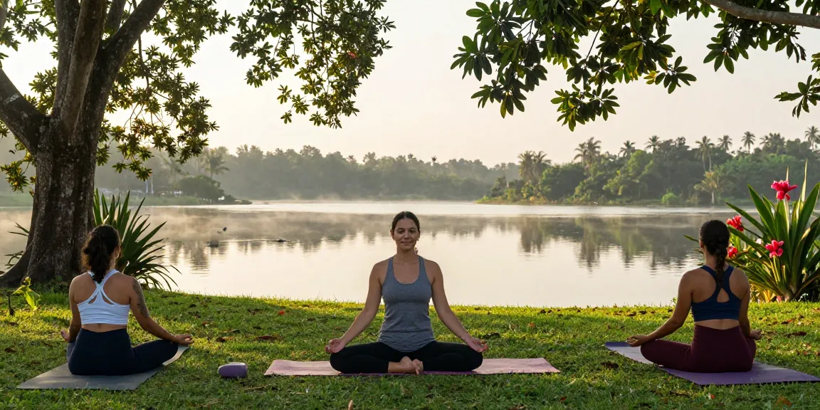 Hatha yoga teacher training Sri Lanka at tranquil lakeside retreat, aspiring teacher practicing yoga among nature.