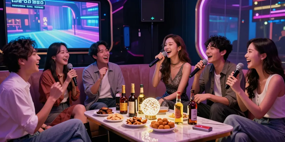 강남 가라오케에서 친구들과 함께 화려한 노래방 분위기를 즐기는 모습