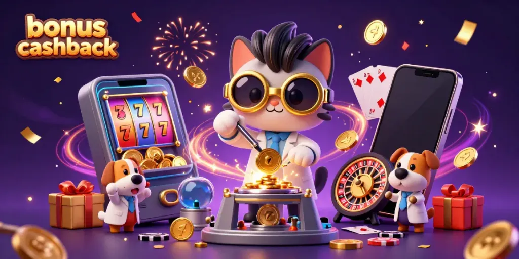 Experience the thrill of bonus cashback with our animated casino adventure featuring a mad scientist cat and companion dog.