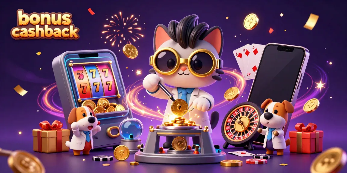 Experience the thrill of bonus cashback with our animated casino adventure featuring a mad scientist cat and companion dog.