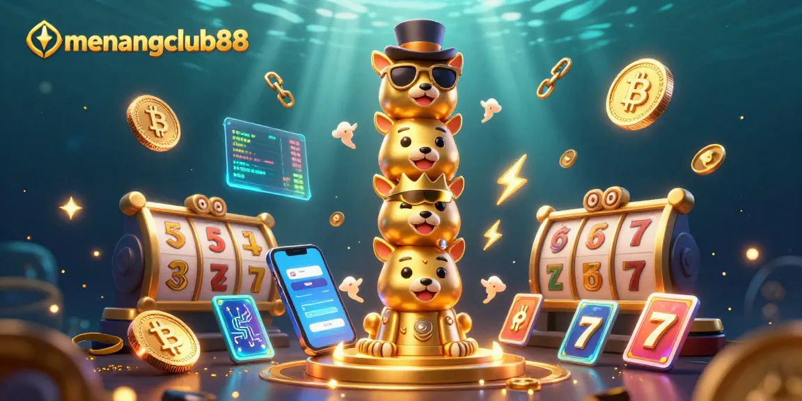 Spin the reels with menangclub88 while enjoying the vibrant casino atmosphere full of glowing Bitcoin coins and lucky symbols.