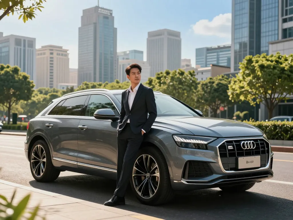 cho thuê xe ô tô hạng sang với Audi Q8 cho thuê trong bối cảnh đô thị, thể hiện sự thanh lịch và chuyên nghiệp.