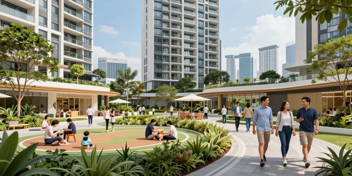 Tanjong Rhu Residences vibrant community scene showcasing families enjoying the lush greenery and modern architecture.