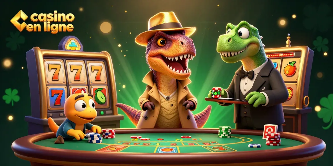 Illustration dynamique représentant un velociraptor au blackjack dans un casino en ligne, entouré de symboles de machines à sous.