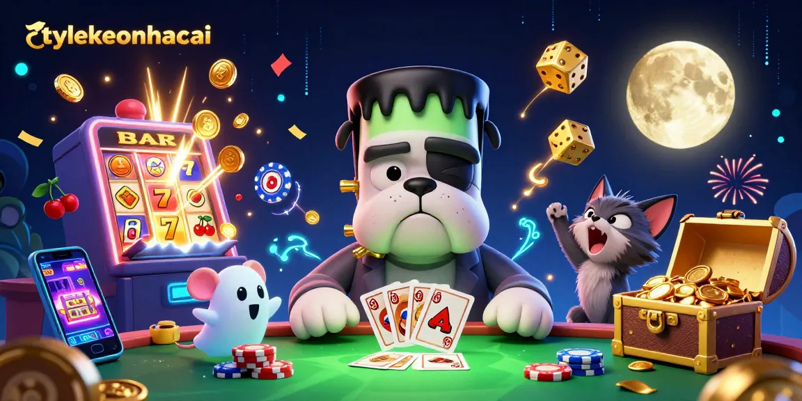 Tylekeonhacai showcases lively casino scene with a bulldog monster dealing cards, symbolizing exciting betting action.