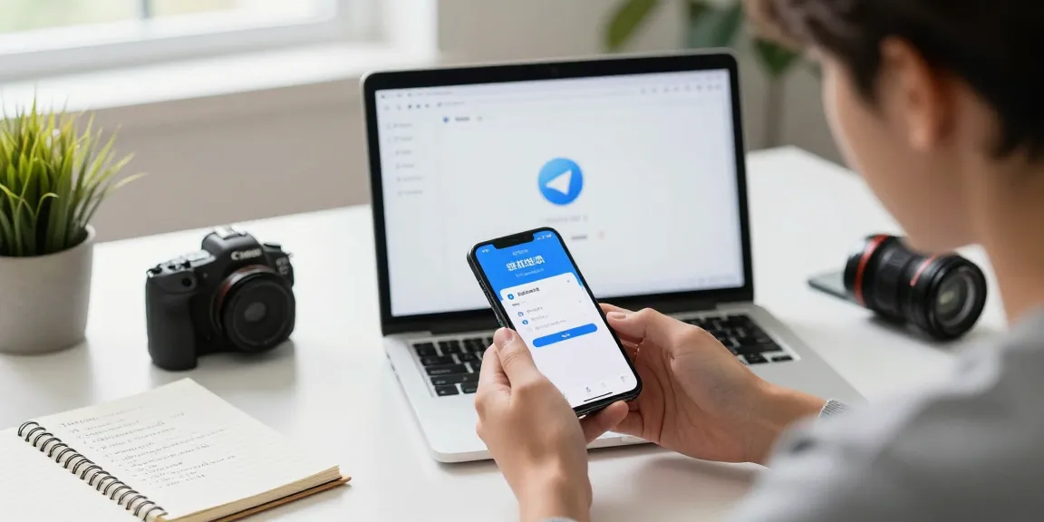 Setting up Telegram Chinese step guide on a smartphone in a modern workspace.