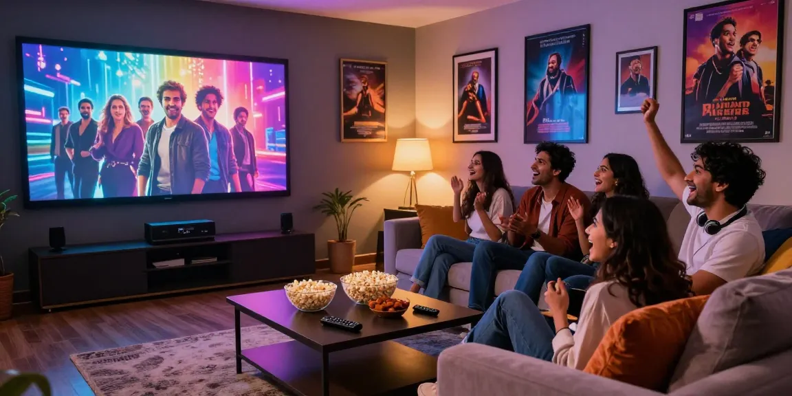 Bolly4u org movie streaming scene with friends enjoying a Bollywood film together in a vibrant home theater.