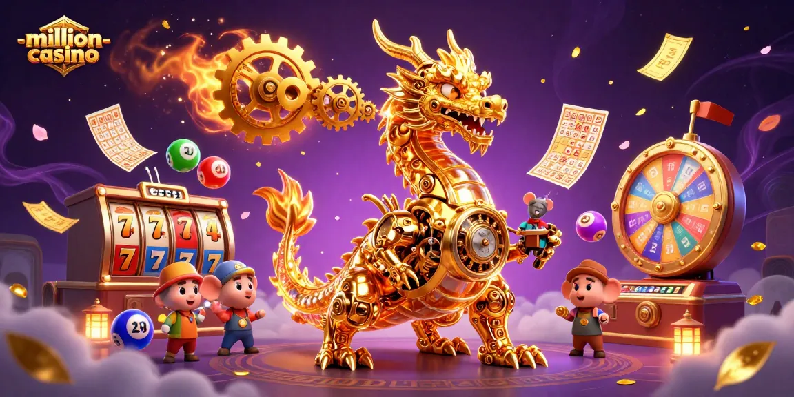 Experience the excitement of million-casino with vibrant slot themes, golden gears, and animated elements.