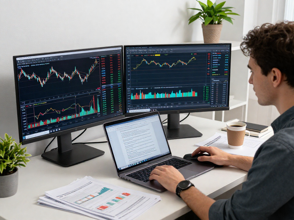 通过TradingView进行行情分析的专业交易员，显示实时股票和加密货币图表。