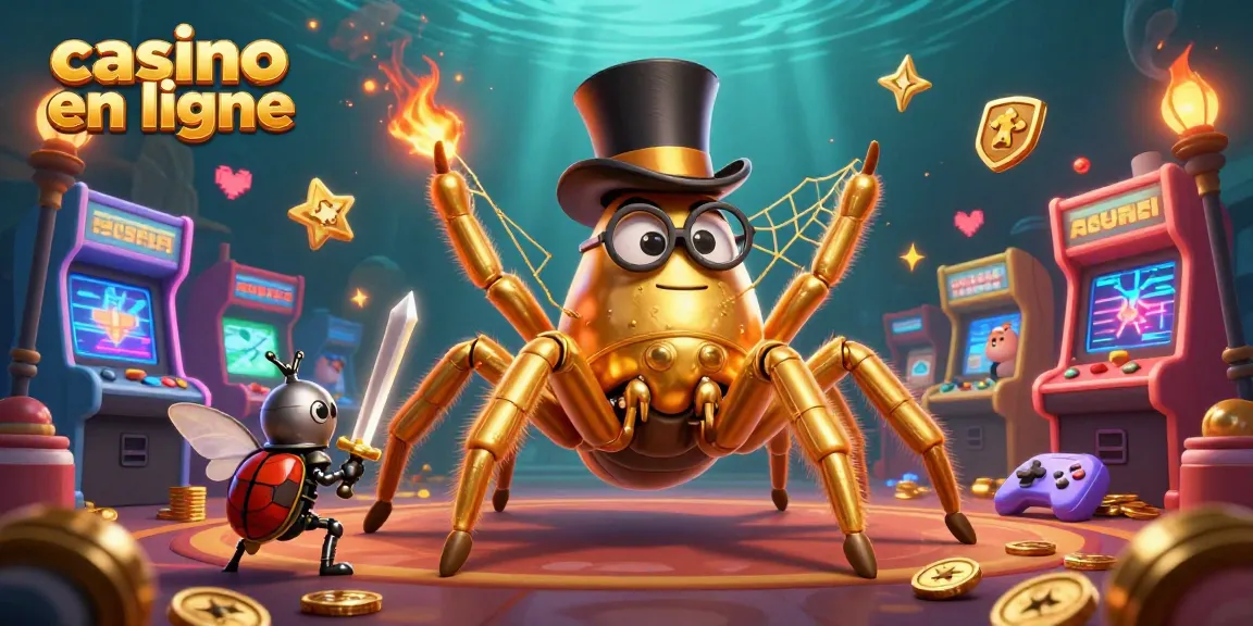 Illustration colorée représentant l'univers des jeux de casino en ligne avec une tarentule dorée.