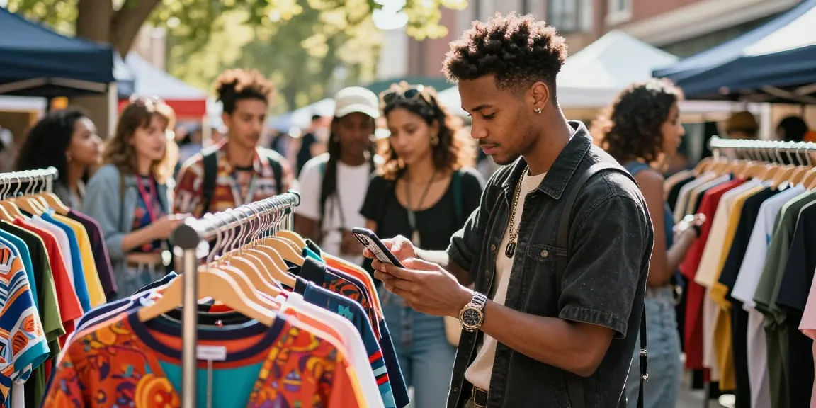 Voghion trendy shopping experience in urban market with stylish outfits.