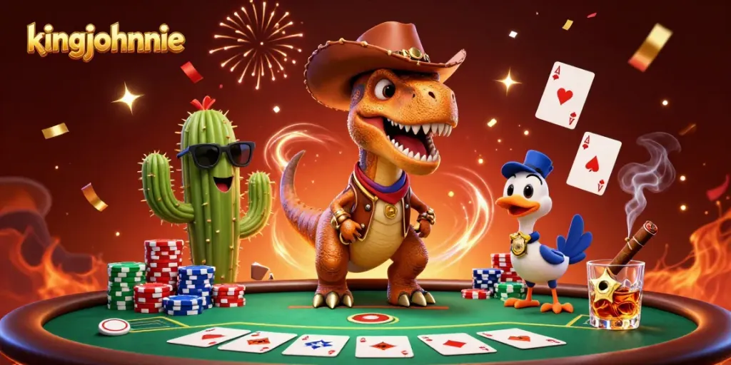 Experience top gaming action at kingjohnnie with a vibrant scene featuring a dinosaur, cactus, and roadrunner at a poker table.