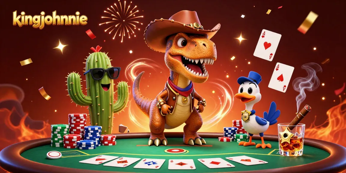 Experience top gaming action at kingjohnnie with a vibrant scene featuring a dinosaur, cactus, and roadrunner at a poker table.