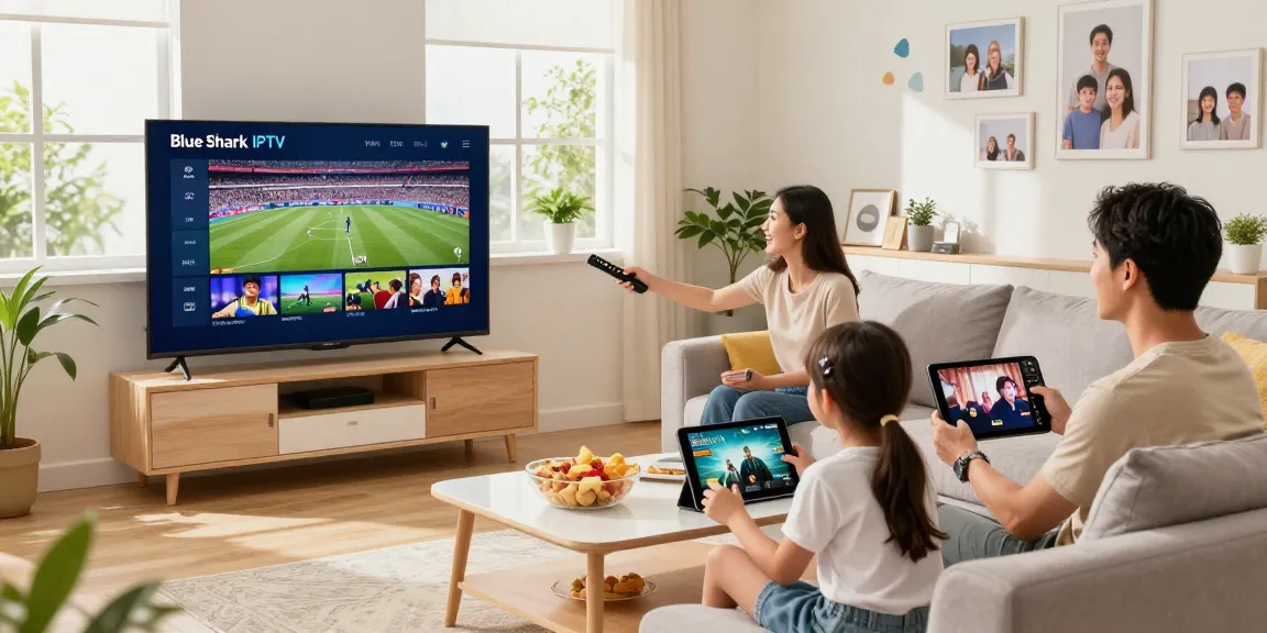 Family enjoying Blue Shark IPTV subscription in a cozy living room with Smart TV and tablet streaming content.