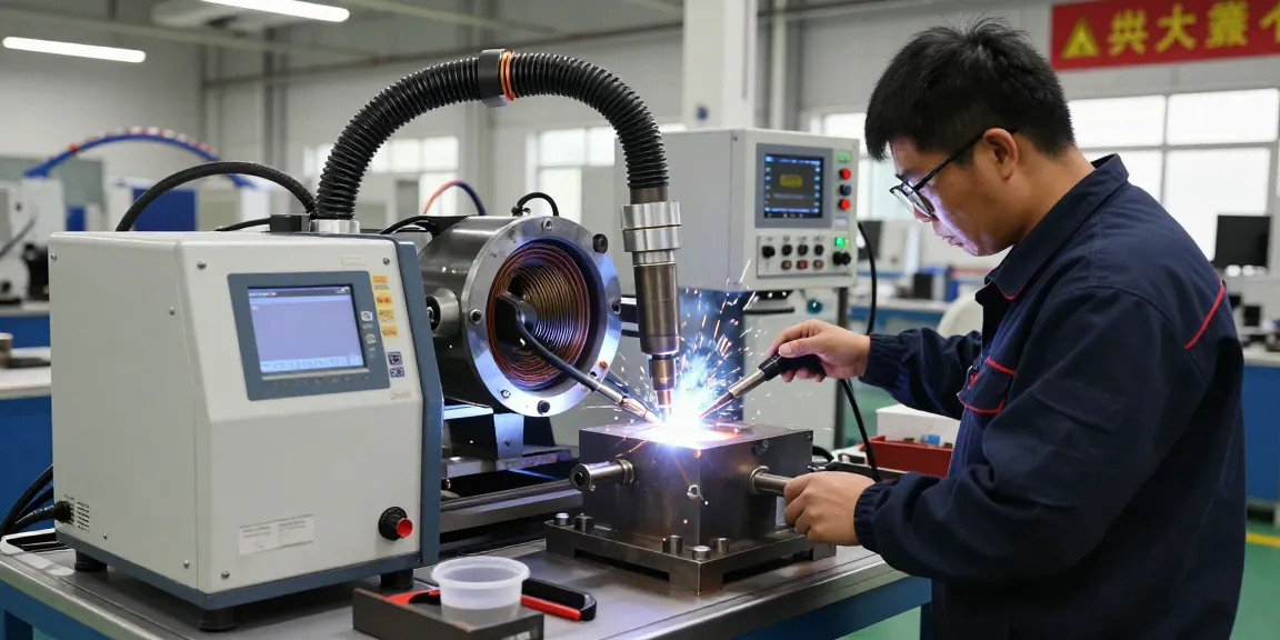Technician using an induction welder for precision metal heating in a modern workshop.