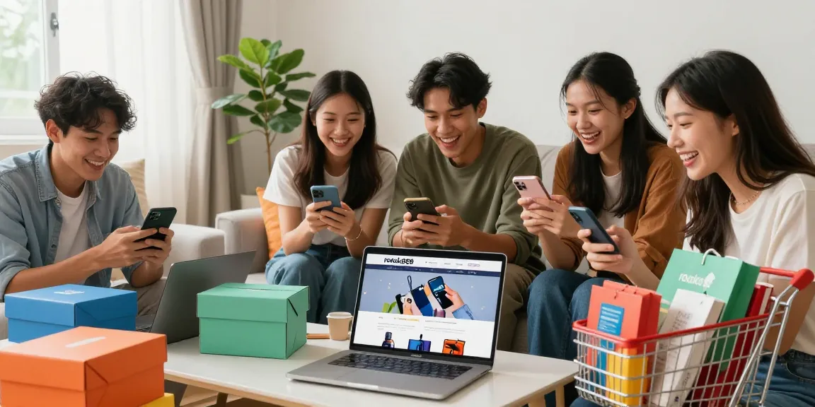 Engaged group shopping online for rokok88 products in a cozy living room setting.