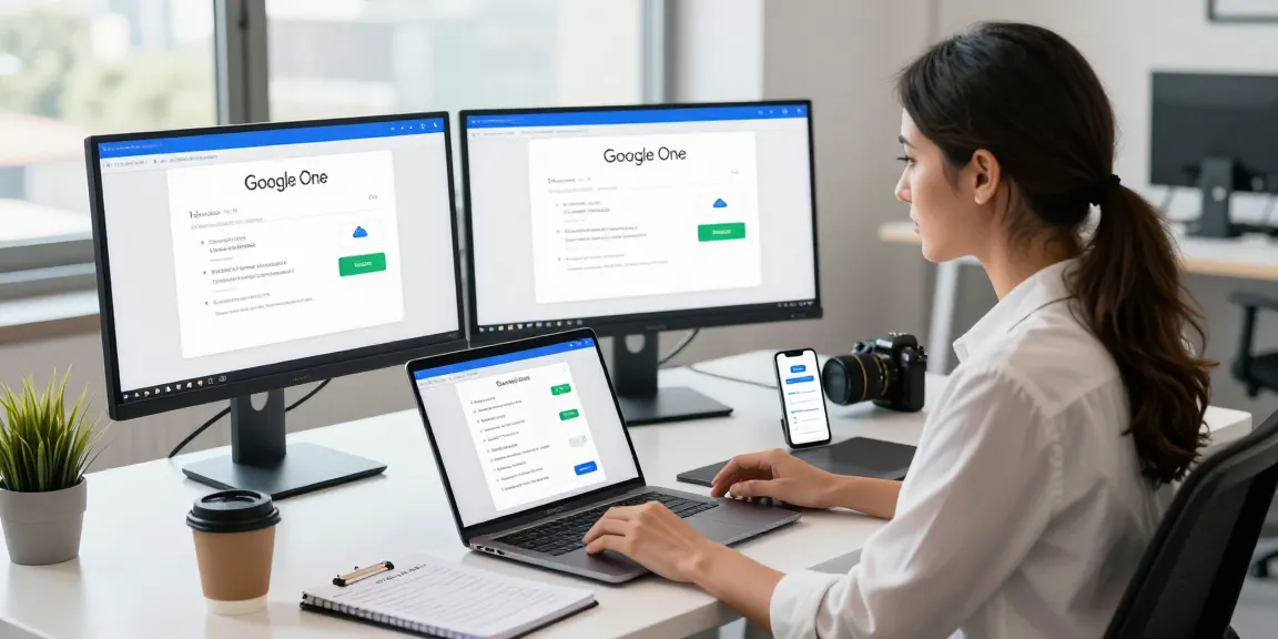 Google One Subscription in Nepal showcased in a modern office with dual monitors showing storage options and benefits.