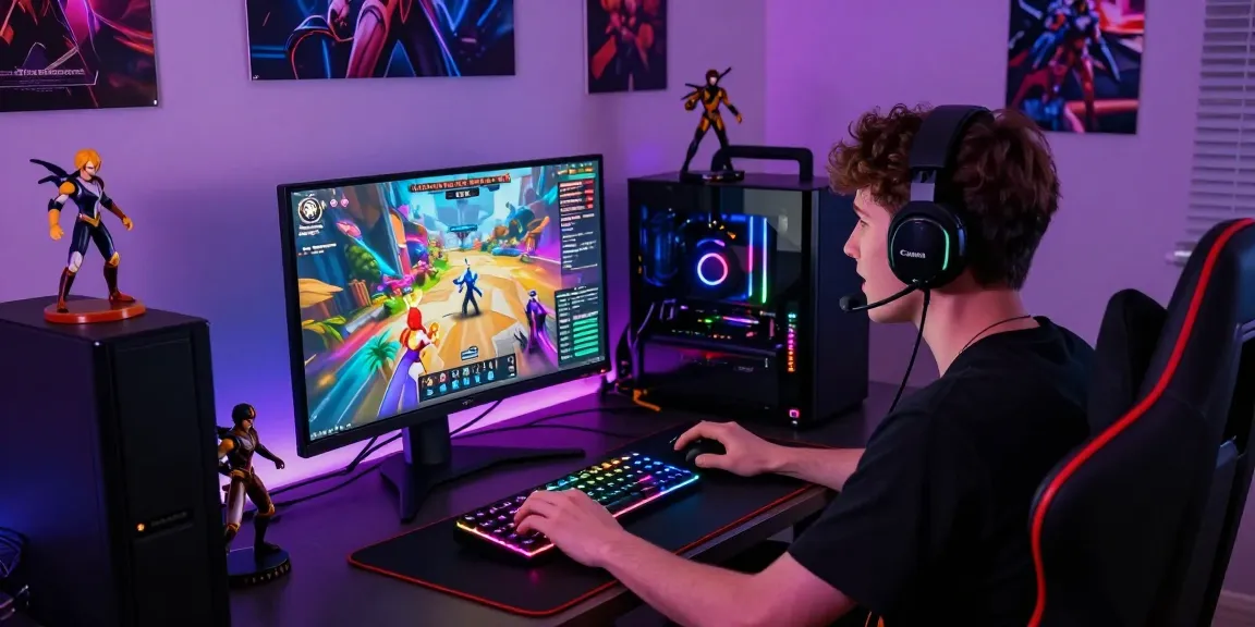 Engaged gamer playing an exciting html hentai game on a high-resolution monitor, vibrant gaming setup with RGB keyboard lighting.