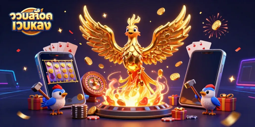 Engage with รวมสล็อตเว็บตรง showcasing a golden phoenix surrounded by dynamic slot game elements in a vibrant casino setting.