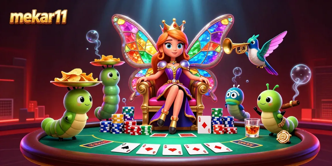 Mekar11 brings vibrant poker action to life with a colorful 3D butterfly queen and poker elements.