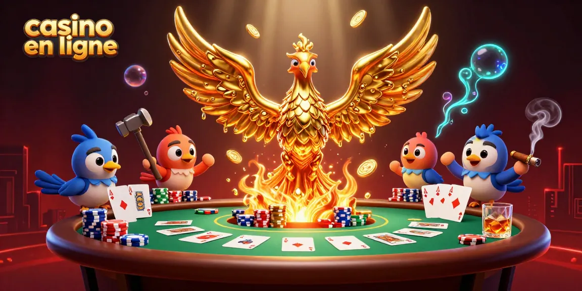 Illustrez un casino en ligne avec un phénix doré et des jeux de poker captivants.