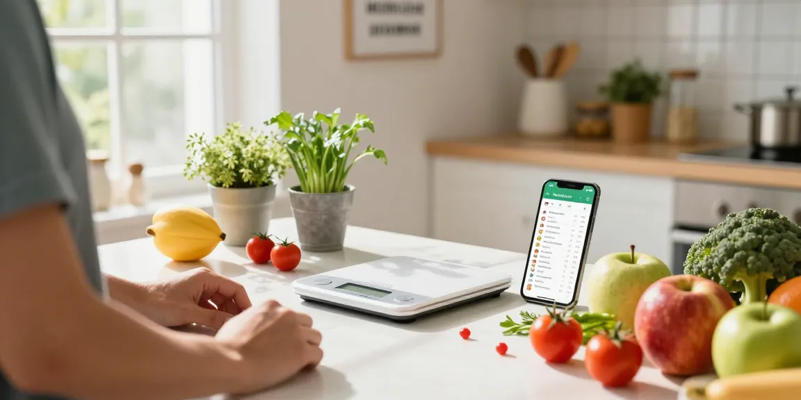 Using the best food tracker app to log fresh ingredients in a bright kitchen.